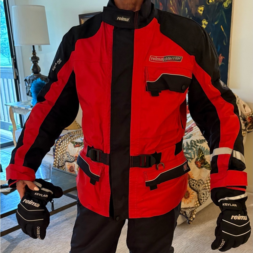Reima Red and Black Snowmobile Jacket with bib Pants and Reima gloves